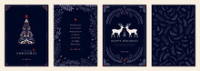 Luxury Corporate Holiday Cards With Christmas Tree And Reindeers, Birds, Ornate Floral Frames, Background And Copy Space. Universal Artistic Templates.