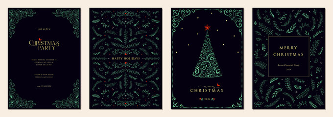 Wall Mural - luxury corporate holiday cards with christmas tree, birds, ornate floral frames, background and copy