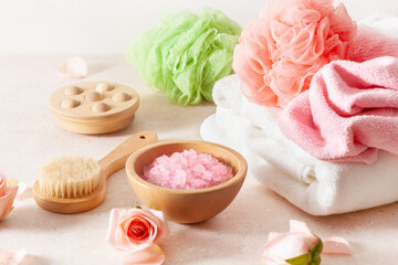 Wall Mural - skincare body products and rose flowers. natural cosmetics for home spa treatment