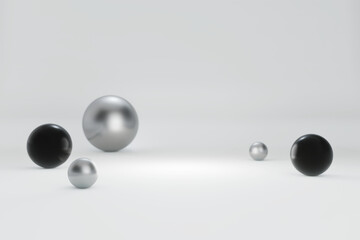 Poster - Blank white gradient background with product display. Empty white studio room floor with silver and black metallic spheres and bokeh. 3D rendering