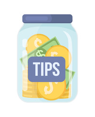 Poster - tip jar semi flat color vector object. coins and dollars in container. realistic item on white. mone