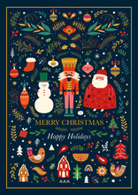 Classic Christmas Greeting Illustration With Funny Santa Claus, Nutcracker And Snowman. Big Christmas Collection In Scandinavian Style With Traditional Christmas And New Year Elements