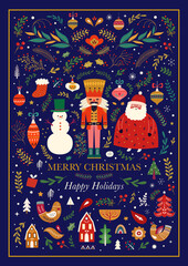 Wall Mural - classic christmas greeting illustration with funny santa claus, nutcracker and snowman. big christma