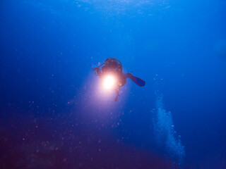 Scuba diver in clear blue water. Diving in clear water. Sardinia Italy