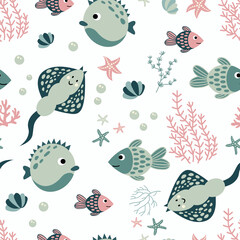 Wall Mural - Marine seamless pattern. Fish, algae, corals, starfish. Hand-drawn style. Design for decorating a nursery.