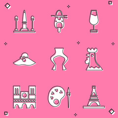 Canvas Print - Set Place De La Concorde, Scooter, Wine glass, Elegant women hat, Frog legs, French rooster, Notre Dame and Paint brush with palette icon. Vector