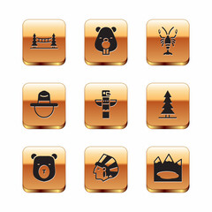 Sticker - Set Capilano Suspension Bridge, Bear head, Native American Indian, Canadian totem pole, ranger hat, Lobster, lake and Beaver animal icon. Vector