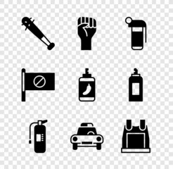 Canvas Print - Set Baseball bat with nails, Raised hand clenched fist, Hand grenade, Fire extinguisher, Police car flasher, Bulletproof vest, Protest and Pepper spray icon. Vector