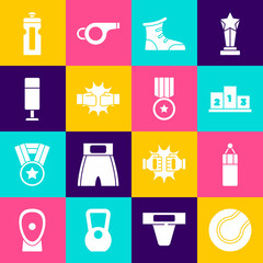 Sticker - Set Tennis ball, Punching bag, Award over sports winner podium, Sport boxing shoes, gloves, Fitness shaker and Medal icon. Vector