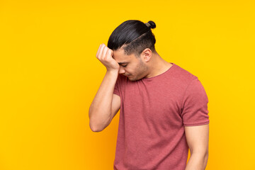 Wall Mural - Asian handsome man isolated on yellow background angry