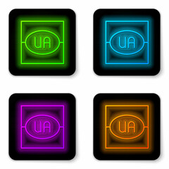 Poster - Glowing neon line National flag of Ukraine icon isolated on white background. Black square button. Vector