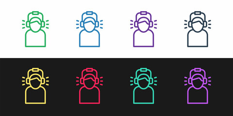 Sticker - Set line Man in headphones icon isolated on black and white background. Vector