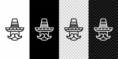 Sticker - Set line Mexican man wearing sombrero icon isolated on black and white, transparent background. Hispanic man with a mustache. Vector