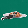 © Lustre Art Group  - Contemporary art collage of woman lying on a plate with with deliscious spaghetti, pasta isolated over green background. Retro vintage style