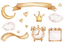 Set With Clouds, Moon, Ribbon, Clock, Crown; Watercolor Hand Drawn Illustration; With White Isolated Background