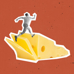 Canvas Print - Contemporary art collage of active man running on cheese slices isolated over red background