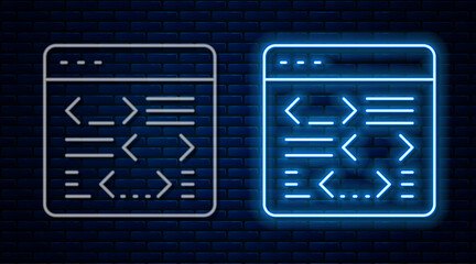 Glowing neon line Software, web developer programming code icon isolated on brick wall background. Javascript computer script random parts of program code. Vector