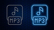 Glowing neon line MP3 file document. Download mp3 button icon isolated on brick wall background. Mp3 music format sign. MP3 file symbol. Vector