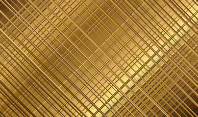 Poster - 3d illustration abstract gold lattice network background. Abstract geometric diagonal lattice stripes ornament, golden texture. Lattice, grating, mesh. Gold metal ornament background. Vector EPS10.