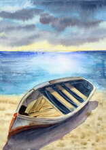 Watercolor Illustration Of A Wooden Fishing Boat On A Sandy Seashore With Blue Sea In The Background
