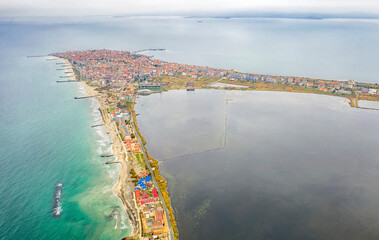 Wall Mural - Amazing aerial view from drone to Pomorie city on the Bulgarian Black Sea coast