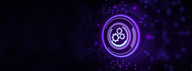 Abstract gears on virtual screen automation innovation technology concept.. Businessman pressing button on screen.