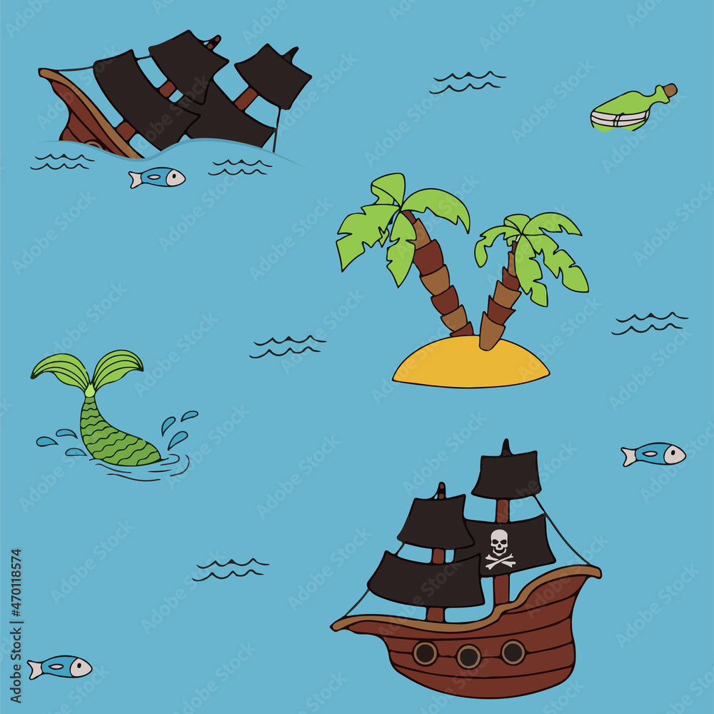Vector doodle pirate seamless pattern. A map with a hand-drawn sketch ...