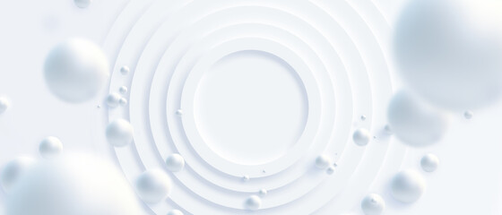 Wall Mural - Top view of simple empty white circle podium stage background. Futuristic technology design. Abstract parametric interior. Blank opened 3D illustration mock-up. White building pale geometric pattern.