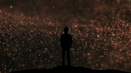 Wall Mural - the man in suit standing on a magic flying particles background
