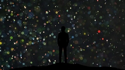 Wall Mural - the man in suit stands on a flying shimmering particles background