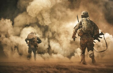 Military troops on the way to the battlefield Between sand storm in desert	