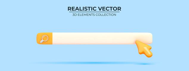 Search bar design element on blue background. Navigation search for browser. Realistic 3d arrow, cursor. Trendy yellow and blue colors. Design in cartoon style. Vector illustration