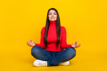 Sticker - Full length photo of charming satisfied person closed eyes fingers meditate isolated on yellow color background