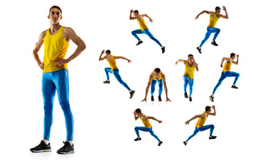 Development of movements. Collage made of images of professional athlete in sports uniform isolated on white studio background.