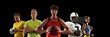 © master1305 - Sport collage. Tennis, soccer football and basketball players standing together like sport team isolated on black background.