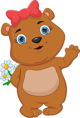 Wall Mural - cartoon cute bear waving and holding flowers