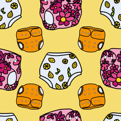 Wall Mural - Vector Yellow Baby cloth and swim diapers seamless background pattern