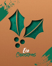 Merry Christmas Green Eco Paper Cut Holly Card
