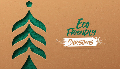 Sticker - Merry Christmas green eco papercut tree template