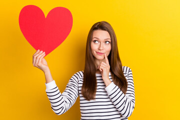 Sticker - Photo of think brunette young lady look heart wear white pullover isolated on yellow color background