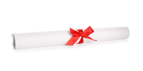 Wall Mural - Rolled student's diploma with red ribbon isolated on white