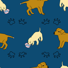 Vector Blue Dog Puppies With Paw Footprint Seamless Background Pattern