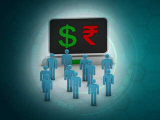 Poster - 3d illustration dollar sign and rupee sign with group people 