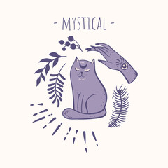 Vector magic symbols with a cat and woman hands