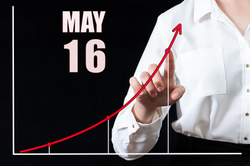 Businesswoman's hand pointing to the graph and a calendar with the date of 16 may. Business goals for the day.