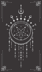 Wall Mural - Vector mystic poster with dreamcatcher, pentagram and linear frame. Black background with a magical esoteric outline symbol in a boho style. Occult geometric sign with a star in a circle