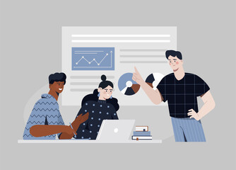 Poster - data analysis concept. young men and woman sitting at desk and studying company statistics. employee