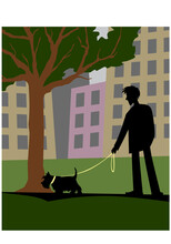 Morning. A Walk With A Dog. Man With A Scotch Terrier Near A Tree. Vector Image For Prints, Poster And Illustrations.