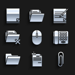 Sticker - Set Computer mouse, File document and binder clip, Paper, Telephone, Document folder, Delete, Blank notebook pen and icon. Vector