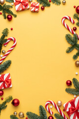 Wall Mural - yellow christmas background with frame of fir decorations and ornaments